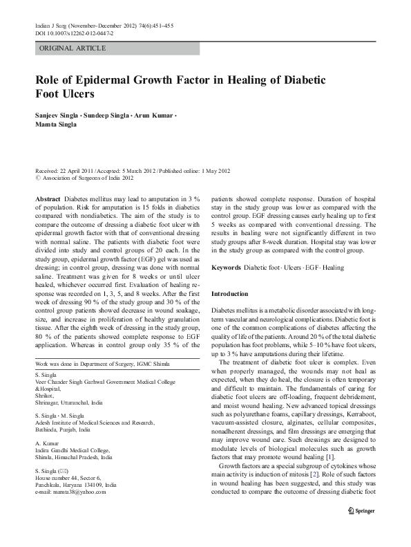 (PDF) Role of Epidermal Growth Factor in Healing of Diabetic Foot Ulcers