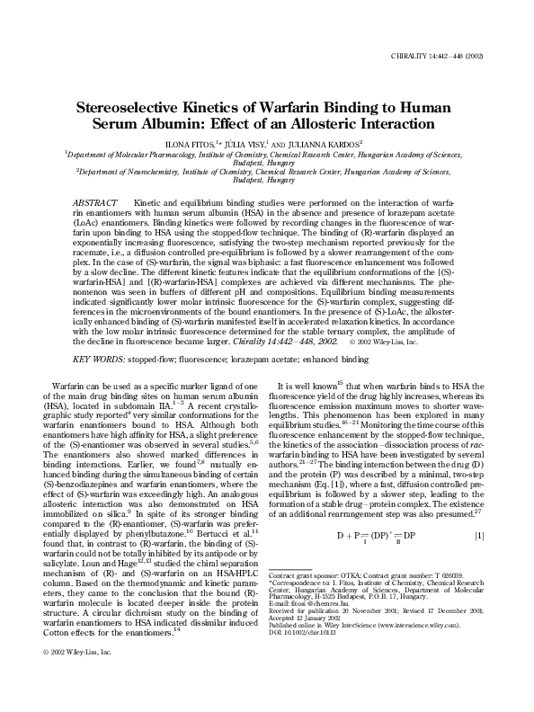 (PDF) Stereoselective kinetics of warfarin binding to human serum ...