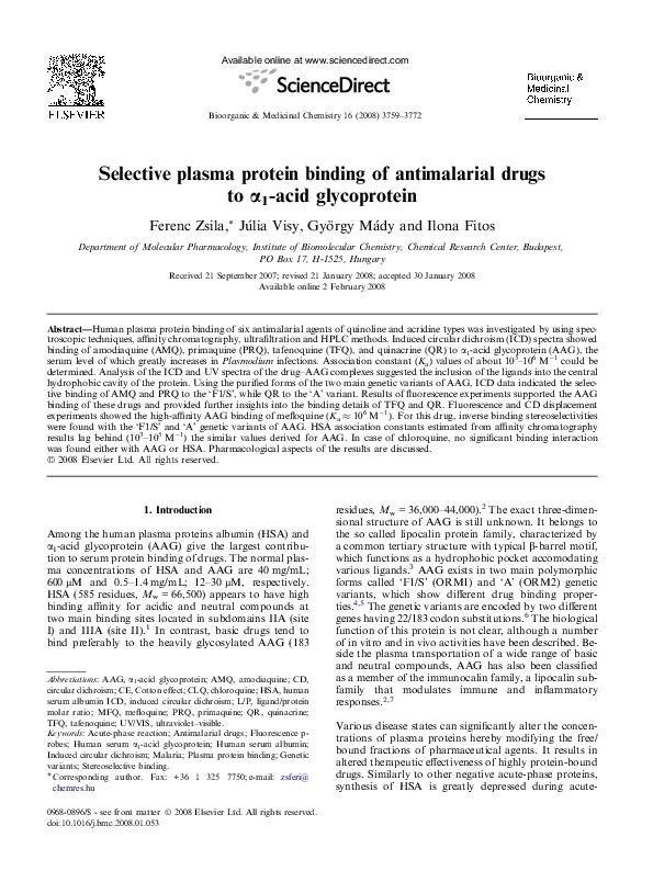 (PDF) Selective plasma protein binding of antimalarial drugs to α1-acid ...
