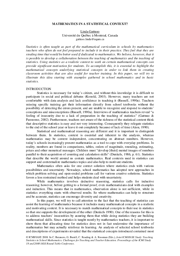 (PDF) Mathematics in a Statistical Context?