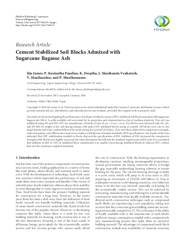 (PDF) Cement Stabilized Soil Blocks Admixed with Sugarcane Bagasse Ash