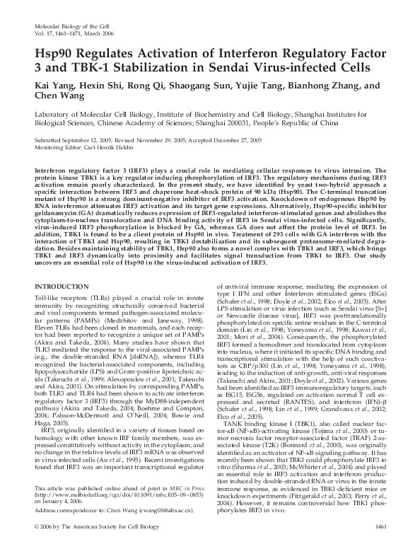 (PDF) Hsp90 Regulates Activation of Interferon Regulatory Factor 3 and ...