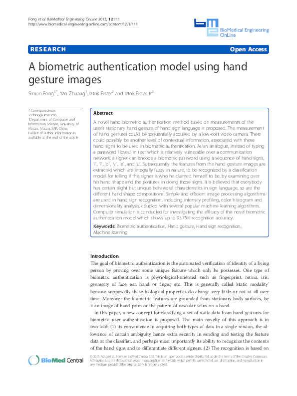 (PDF) A biometric authentication model using hand gesture images