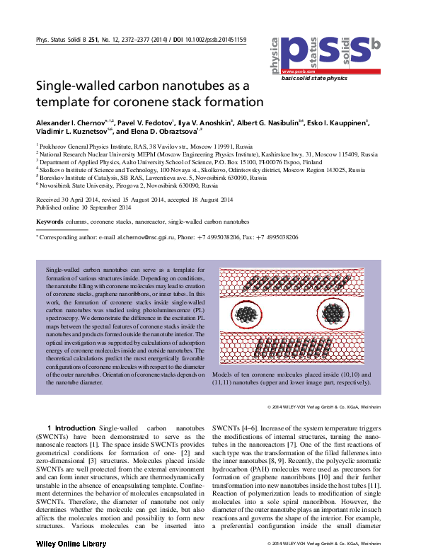 (PDF) Single-walled carbon nanotubes as a template for coronene stack ...