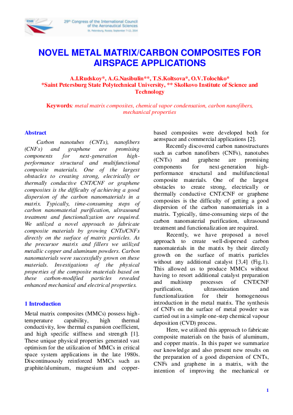 (PDF) Novel Metal Matrix/Carbon Composites for Airspace Applications