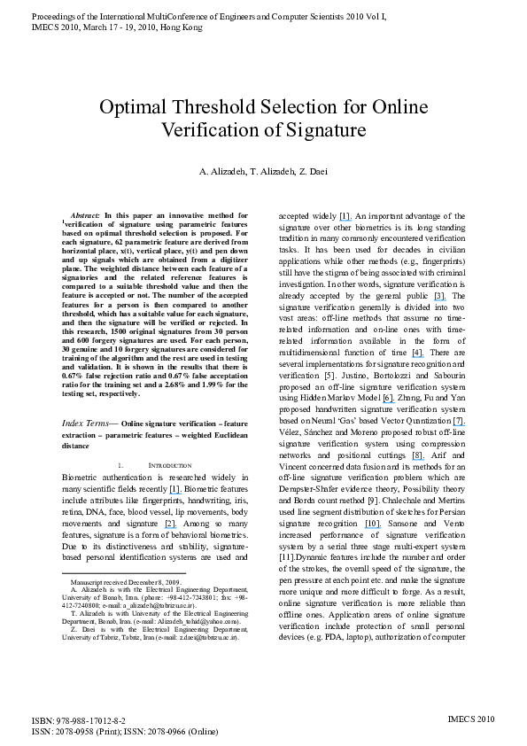 (PDF) Optimal Threshold Selection for Online Verification of Signature