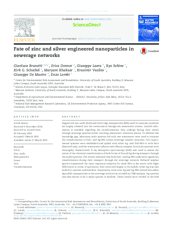 (PDF) Fate of zinc and silver engineered nanoparticles in sewerage networks