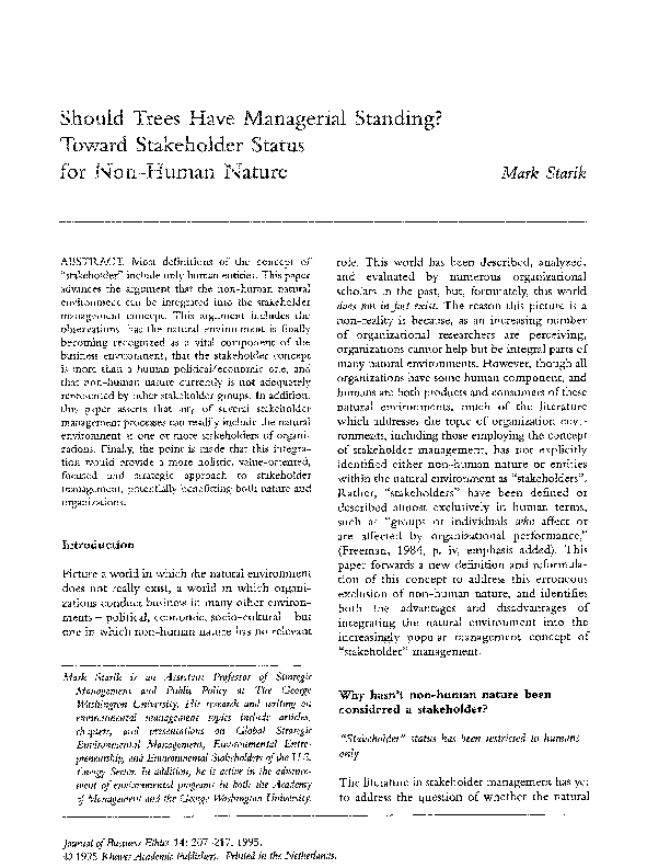 (PDF) Should trees have managerial standing? Toward stakeholder status