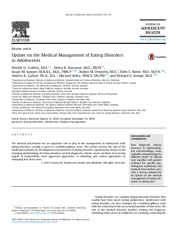 (PDF) Update on the Medical Management of Eating Disorders in Adolescents