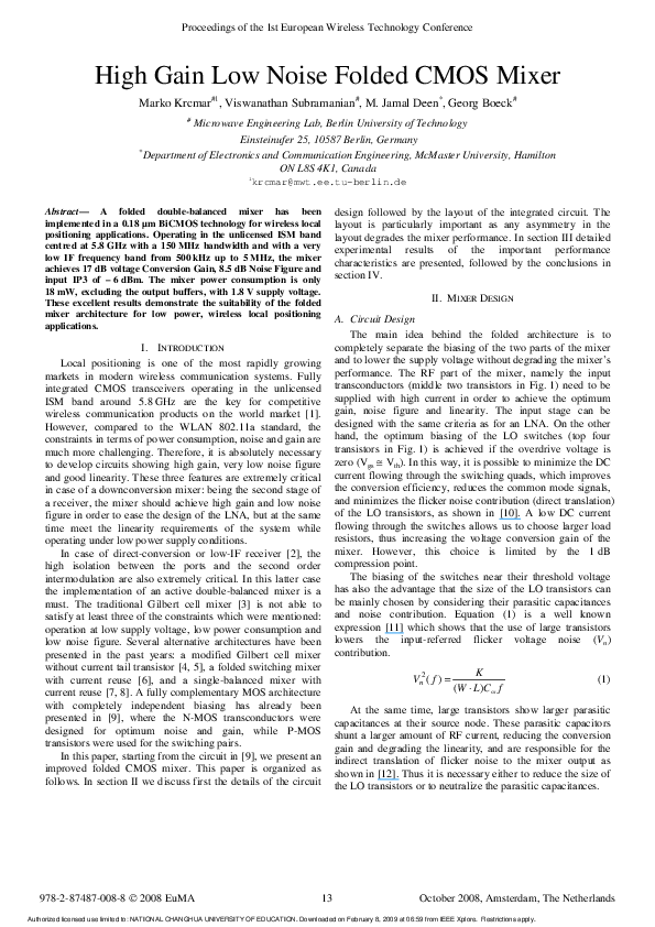 (PDF) High gain low noise folded CMOS mixer