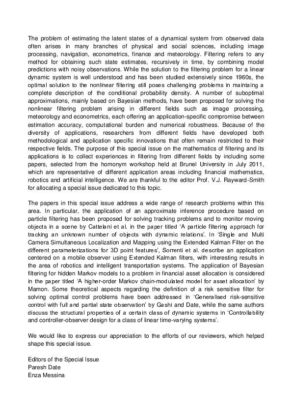 (PDF) The Mathematics of Filtering and Its Applications