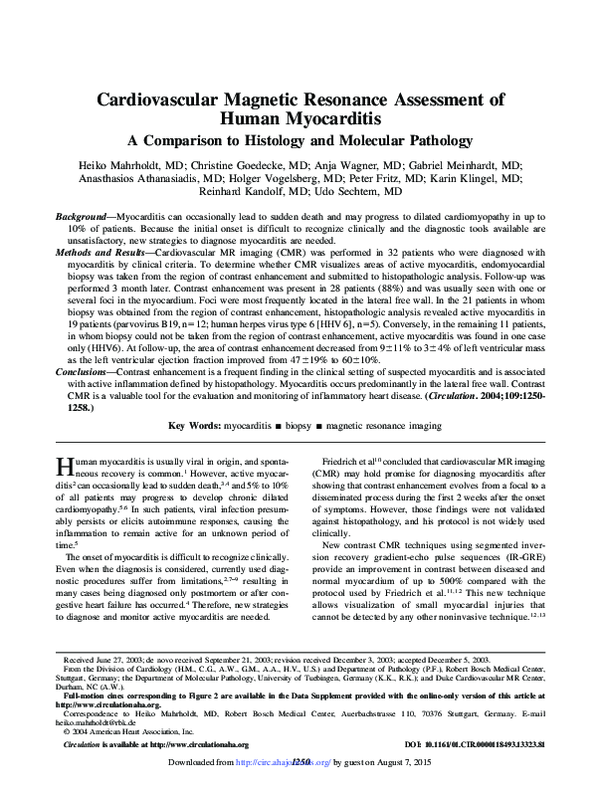 (PDF) Cardiovascular Magnetic Resonance Assessment of Human Myocarditis ...