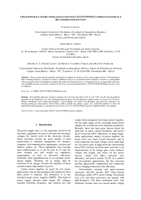 (PDF) A high power factor rectifier associated with a ZCZVS PWM full ...