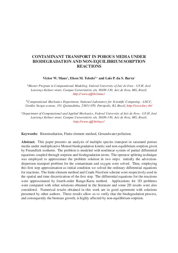 (PDF) Contaminant transport in porous media under biodegradation and ...