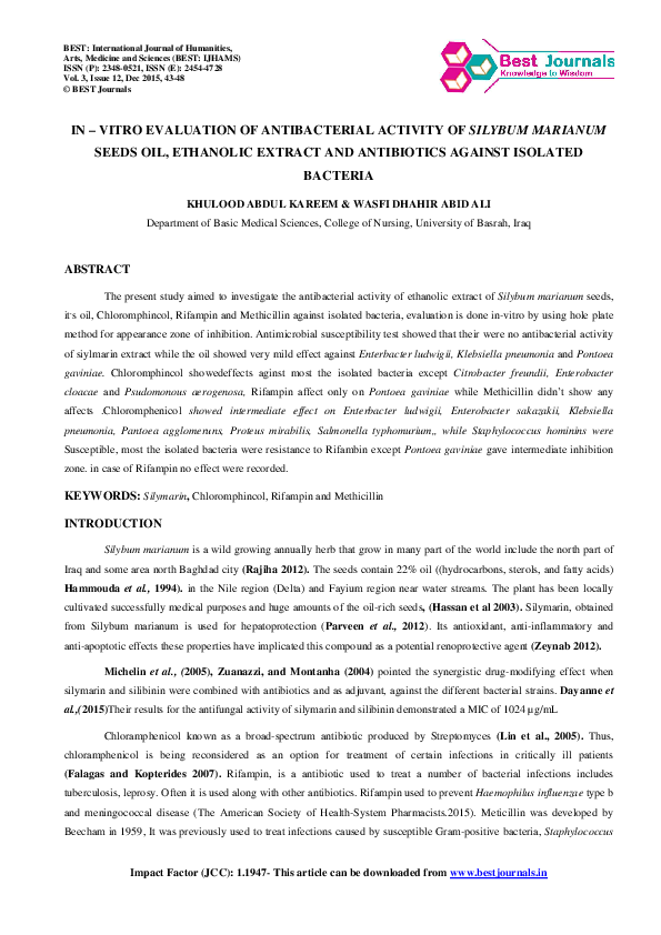 (PDF) IN – VITRO EVALUATION OF ANTIBACTERIAL ACTIVITY OF SILYBUM ...