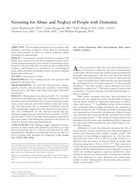 (PDF) Screening for Abuse and Neglect of People with Dementia