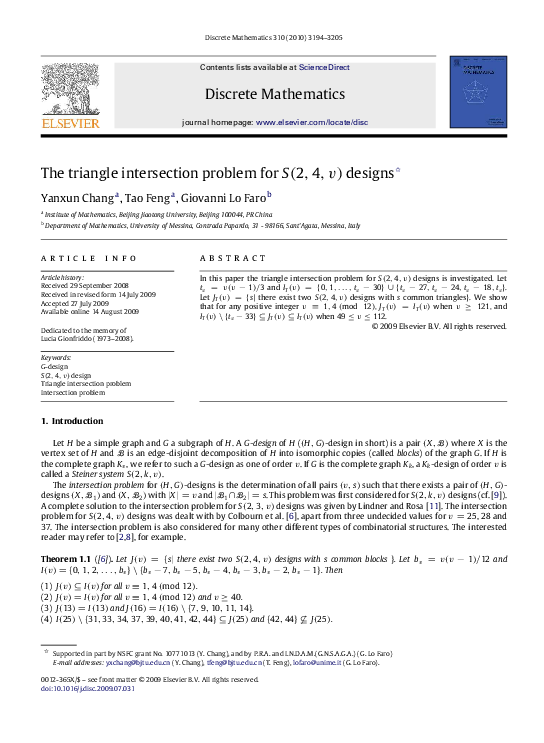 (PDF) The triangle intersection problem for designs