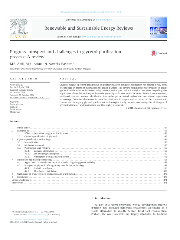 (PDF) Progress, prospect and challenges in glycerol purification
