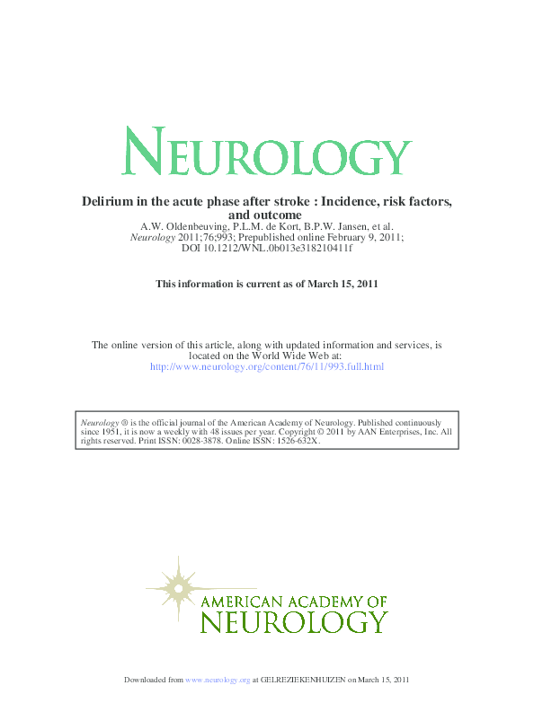 (PDF) Delirium in the acute phase after stroke Incidence, risk factors, and Gerwin