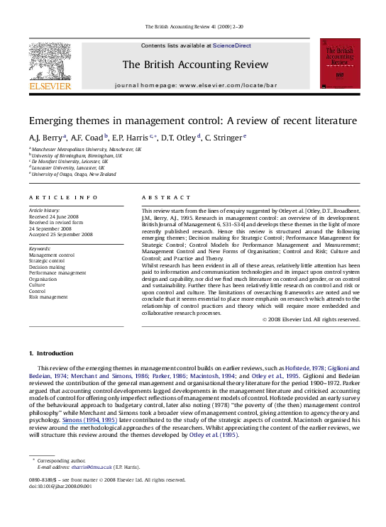  PDF Emerging Themes In Management Control A Review Of Recent 