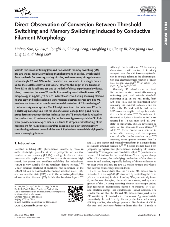 (PDF) Memory Switching: Direct Observation of Conversion Between ...