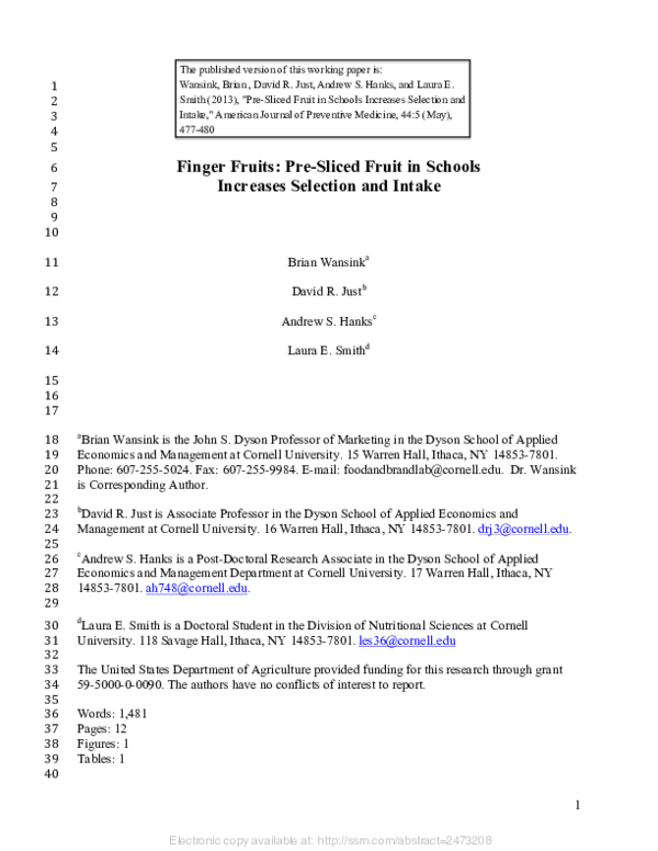 (PDF) Finger Fruits PreSliced Fruit in Schools Increases Selection and Intake Brian Wansink