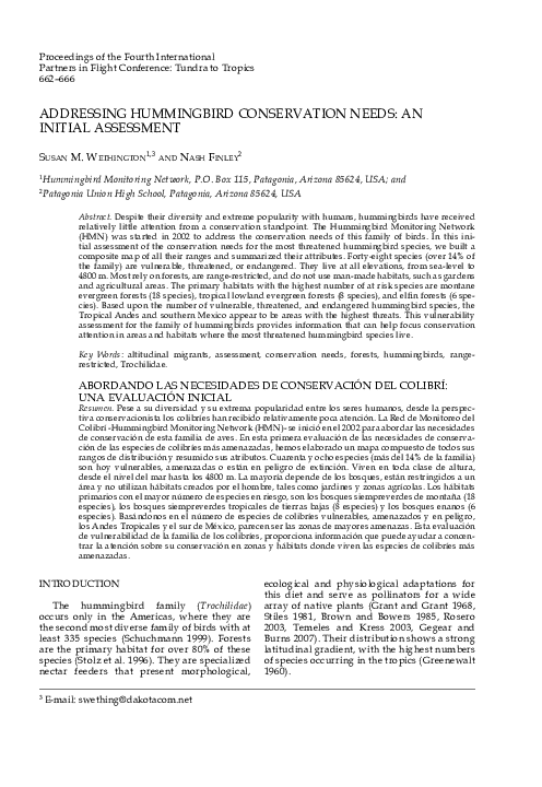 (PDF) Addressing Hummingbird Conservation Needs: An Initial Assessment
