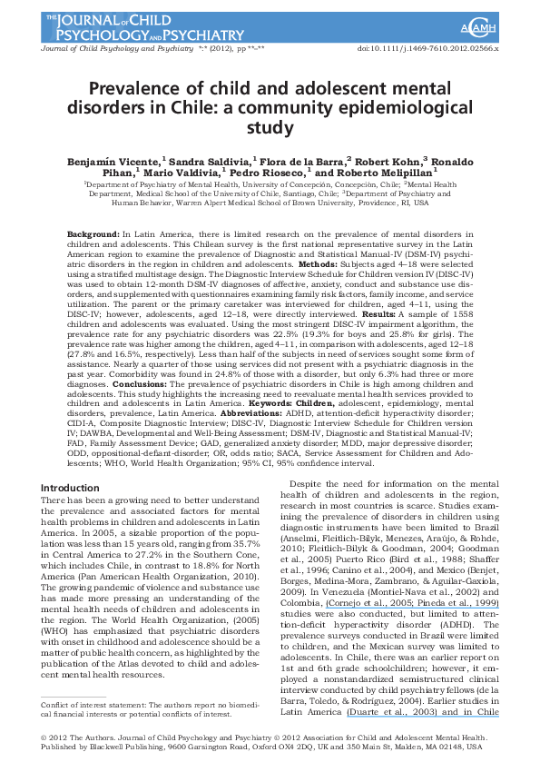 (PDF) Prevalence of child and adolescent mental disorders in Chile: a ...