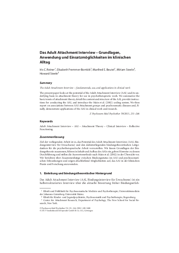 (PDF) Das Adult Attachment Interview Grundlagen, Anwendung und