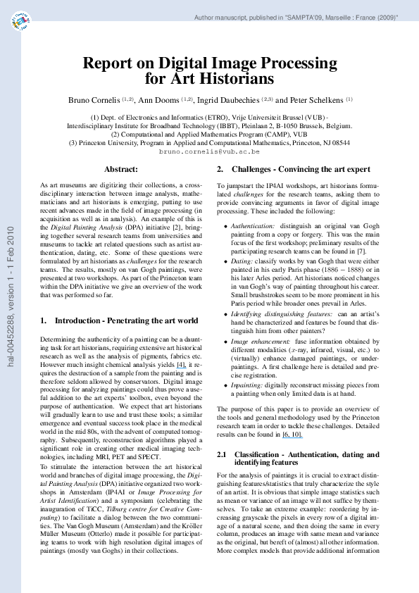 (PDF) Report on digital image processing for art historians I. Daubechies and Peter Schelkens