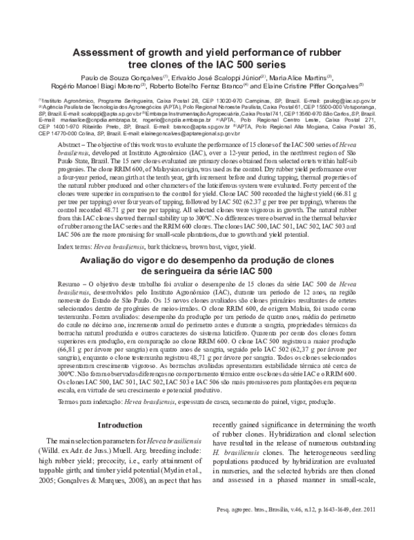 (PDF) Assessment of growth and yield performance of rubber tree clones
