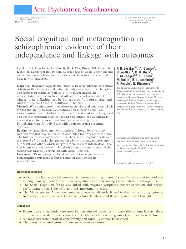 (PDF) Social cognition and metacognition in schizophrenia: evidence of ...