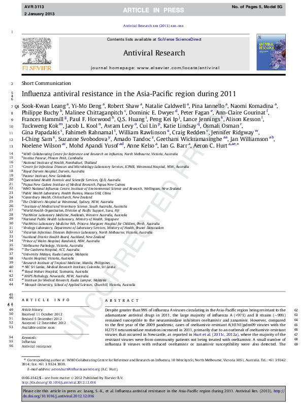 (PDF) Influenza antiviral resistance in the Asia-Pacific region during 2011