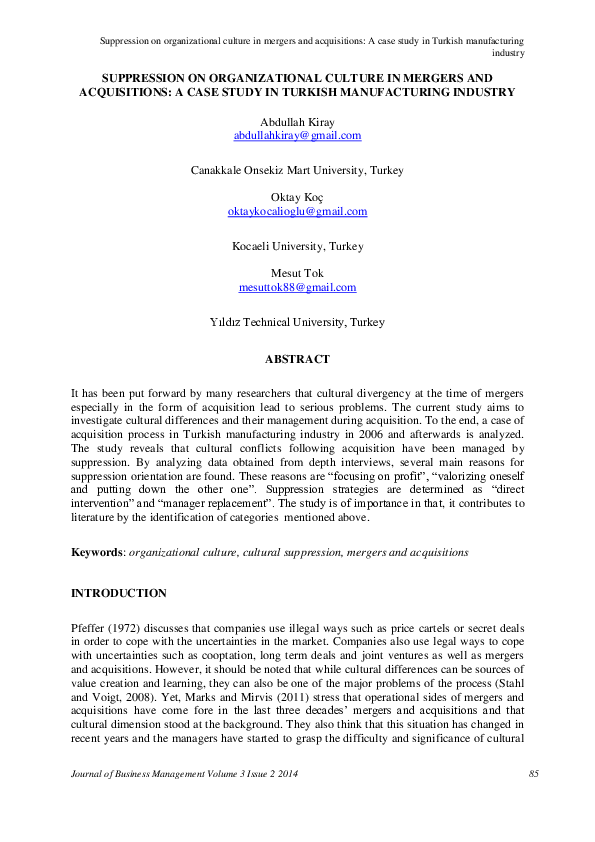(PDF) SUPPRESSION ON ORGANIZATIONAL CULTURE IN MERGERS AND ACQUISITIONS ...