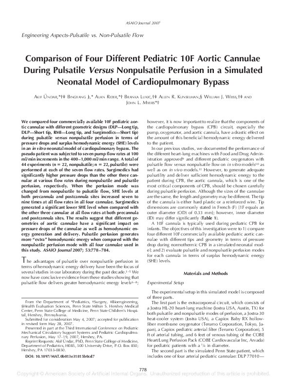 (PDF) Comparison of Four Different Pediatric 10F Aortic Cannulae During ...
