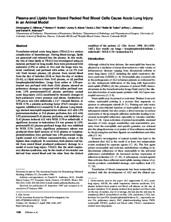 (PDF) Plasma and lipids from stored platelets cause acute lung injury