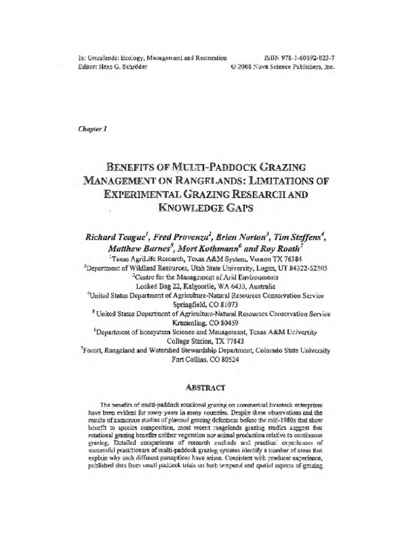 (PDF) Benefits of MultiPaddock Grazing Management on Rangelands