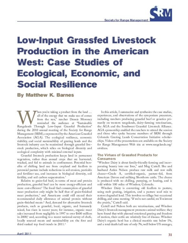 (PDF) LowInput Grassfed Livestock Production in the American West Case Studies of Ecological