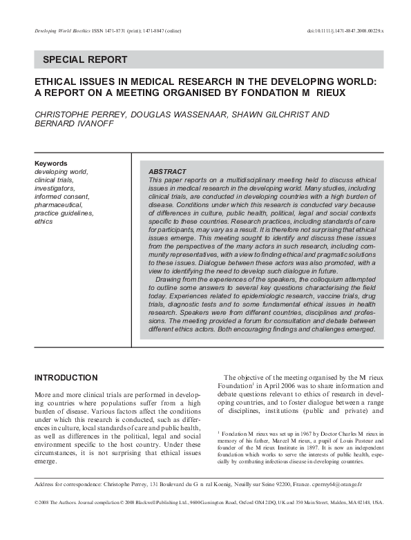 (PDF) ETHICAL ISSUES IN MEDICAL RESEARCH IN THE DEVELOPING WORLD: A ...