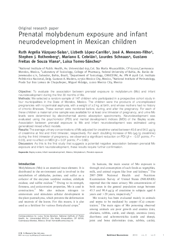 (PDF) Prenatal molybdenum exposure and infant neurodevelopment in ...