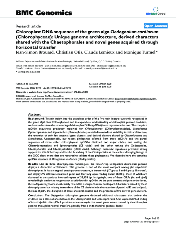 (PDF) Chloroplast DNA sequence of the green alga Oedogonium cardiacum ...