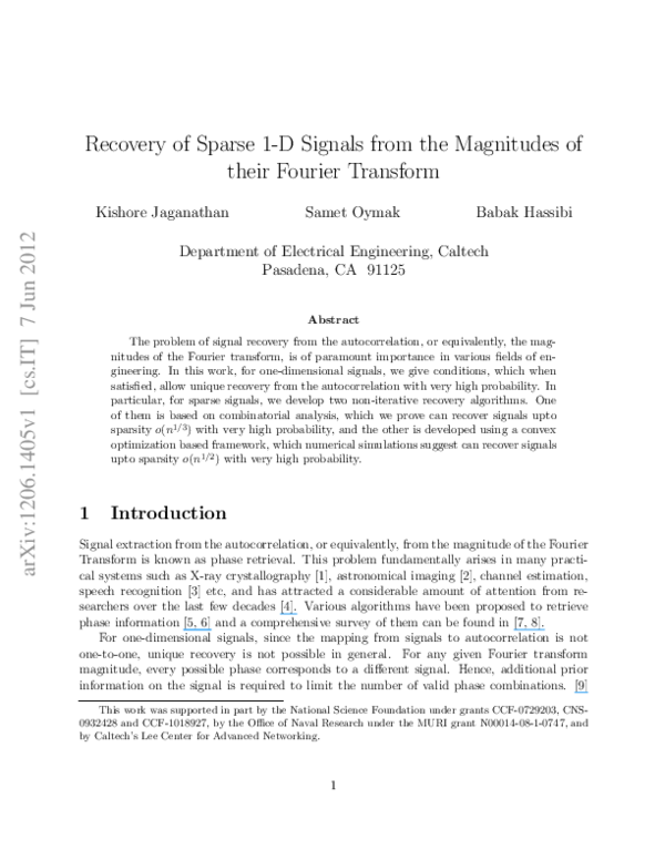 (PDF) Recovery of sparse 1-D signals from the magnitudes of their ...