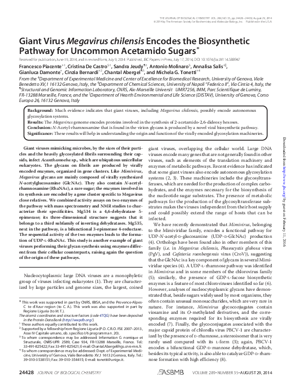 (PDF) Giant Virus Megavirus chilensis Encodes the Biosynthetic Pathway