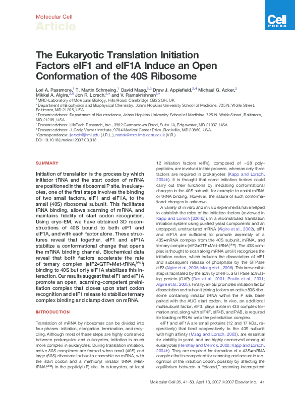 (PDF) The Eukaryotic Translation Initiation Factors eIF1 and eIF1A ...