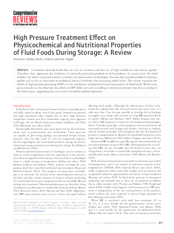 (PDF) High Pressure Treatment Effect on Physicochemical and Nutritional ...