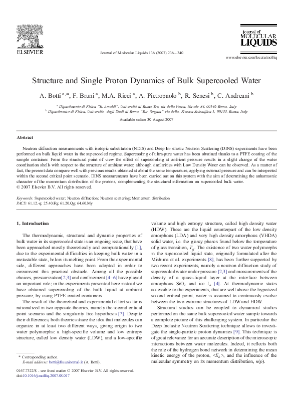 (PDF) Structure and Single Proton Dynamics of Bulk Supercooled Water