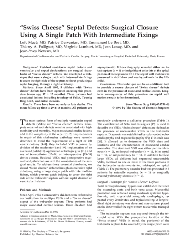 (PDF) “Swiss cheese” septal defects surgical closure using a single