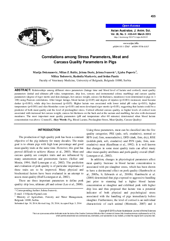 (PDF) Correlations among Stress Parameters, Meat and Carcass Quality Parameters in Pigs Milan