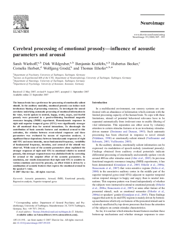 (PDF) Cerebral processing of emotional prosody—influence of acoustic ...