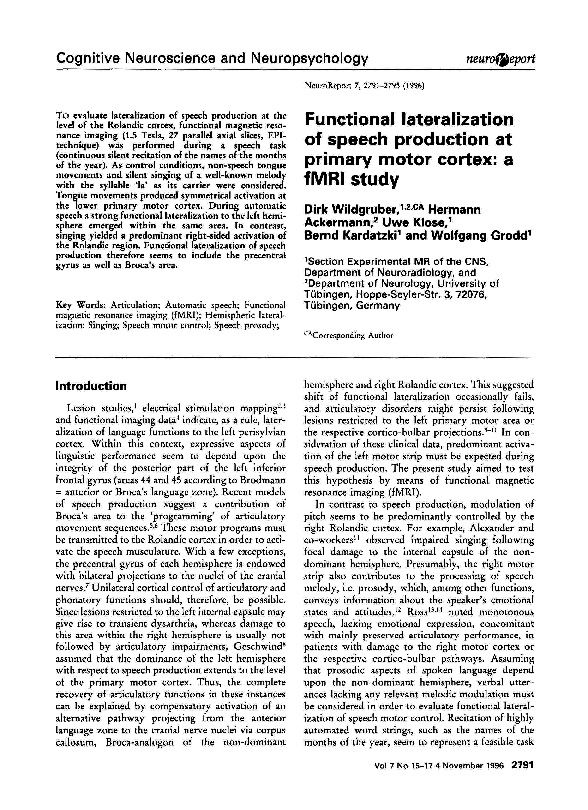 (PDF) Functional lateralization of speech production at primary motor ...